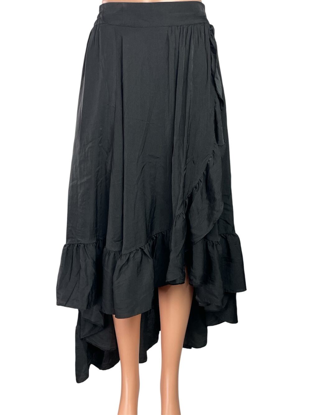Maje Johno Women Black High Waisted Ruffle Pleated A Line High Low Skirt Size S